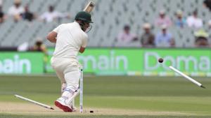 Australia's Aaron Finch is bowled for no score during the first cricket test between Australia and India in Adelaide, Australia,Friday, Dec. 7, 2018. (AP Photo/James Elsby)(AP) Australia's Aaron Finch is bowled for no score during the first cricket test between Australia and India in Adelaide, Australia,Friday, Dec. 7, 2018. (AP Photo/James Elsby)(AP)
