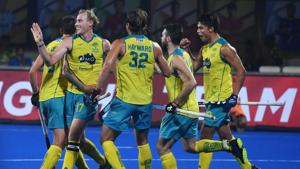 Australia's captain Aran Zalewski celebrates with teammates after scoring a goal against France during the Hockey World Cup quarter-final match.(AFP) Australia's captain Aran Zalewski celebrates with teammates after scoring a goal against France during the Hockey World Cup quarter-final match.(AFP)