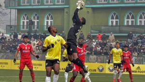 Players of Real Kashmir FC (in yellow) and Aizawl FC in action during their I-League football match in Srinagar.(PTI) Players of Real Kashmir FC (in yellow) and Aizawl FC in action during their I-League football match in Srinagar.(PTI)