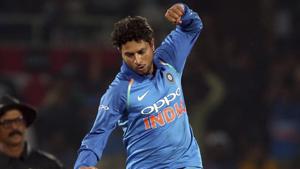 India's Kuldeep Yadav jumps to celebrate the dismissal of West Indies' Rovman Powell.(AP) India's Kuldeep Yadav jumps to celebrate the dismissal of West Indies' Rovman Powell.(AP)
