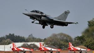 A French fighter aircraft Rafale takes off on the third day of the 11th biennial edition of AERO INDIA 2017 at Yelahanka Air base in Bengaluru.(PTI File Photo) A French fighter aircraft Rafale takes off on the third day of the 11th biennial edition of AERO INDIA 2017 at Yelahanka Air base in Bengaluru.(PTI File Photo)