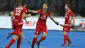 Belgium's Florent van Aubel, center, celebrates after a goal scored by teammate Alexander Hendrickx.(AP) Belgium's Florent van Aubel, center, celebrates after a goal scored by teammate Alexander Hendrickx.(AP)