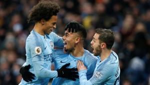 Manchester City's Gabriel Jesus celebrates scoring their first goal with Leroy Sane and Bernardo Silva.(REUTERS) Manchester City's Gabriel Jesus celebrates scoring their first goal with Leroy Sane and Bernardo Silva.(REUTERS)