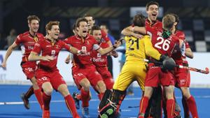 Belgium players celebrate their win over Netherlands in the Men's Hockey World Cup finals at Kalinga Stadium.(AP) Belgium players celebrate their win over Netherlands in the Men's Hockey World Cup finals at Kalinga Stadium.(AP)