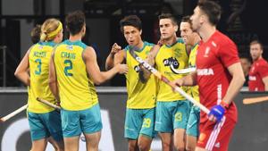 Australia's Blake Govers (3R) celebrates with teammates after scoring a goal against England.(AFP) Australia's Blake Govers (3R) celebrates with teammates after scoring a goal against England.(AFP)