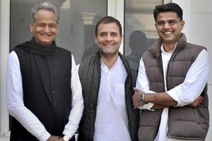 New Delhi: Congress President Rahul Gandhi with Rajasthan Congress President Sachin Pilot and senior party leader Ashok Gehlot at his residence in New Delhi, Friday, Dec. 14, 2018. (Twitter photo via PTI) (PTI12_14_2018_000069A)(PTI) New Delhi: Congress President Rahul Gandhi with Rajasthan Congress President Sachin Pilot and senior party leader Ashok Gehlot at his residence in New Delhi, Friday, Dec. 14, 2018. (Twitter photo via PTI) (PTI12_14_2018_000069A)(PTI)