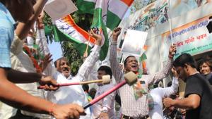 Congress workers celebrate after results of the assembly elections in Rajasthan, Madhya Pradesh and Chhattisgarh at the party office in Mumbai on December 11.(Bhushan Koyande/HT) Congress workers celebrate after results of the assembly elections in Rajasthan, Madhya Pradesh and Chhattisgarh at the party office in Mumbai on December 11.(Bhushan Koyande/HT)