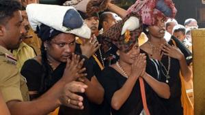 Four transgenders draped in sarees, who were earlier denied permission to visit the Sabarimala temple on Sunday, completed their darshan of the Lord Ayyappa shrine on Tuesday after securing permission a day ago.(ANI) Four transgenders draped in sarees, who were earlier denied permission to visit the Sabarimala temple on Sunday, completed their darshan of the Lord Ayyappa shrine on Tuesday after securing permission a day ago.(ANI)