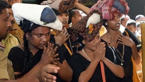 A day after they were blocked while proceeding to Sabarimala temple, Kerala Police Monday allowed four transwomen to trek to the hill shrine.(ANI Photo) A day after they were blocked while proceeding to Sabarimala temple, Kerala Police Monday allowed four transwomen to trek to the hill shrine.(ANI Photo)