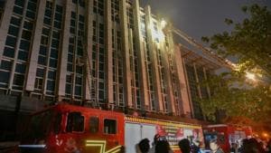 Firefighters conduct rescue after a major fire breaks out at ESIC Kamgar Hospital, in Mumbai on Monday.(PTI photo)