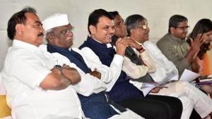 CM Devendra Fadnavis with other senior leaders at the event.(HT Photo) CM Devendra Fadnavis with other senior leaders at the event.(HT Photo)