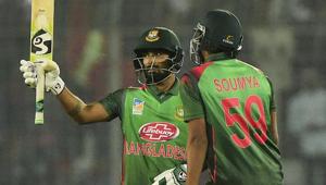 Bangladesh cricketer Liton Das (L) reacts after scoring a half century next to his teammate Soumya Sarkar (R) during the second Twenty20 (T20) cricket match between Bangladesh and West Indies.(AFP) Bangladesh cricketer Liton Das (L) reacts after scoring a half century next to his teammate Soumya Sarkar (R) during the second Twenty20 (T20) cricket match between Bangladesh and West Indies.(AFP)