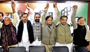 RJD leader Tejashwi Yadav with Jitan Ram Manjhi, Congress leader Ahmed Patel, AICC Bihar in charge Shaktisinh Gohil, RLSP leader Upendra Kushwaha, JD(U) leader Sharad Yadav and other leaders after joining the grand alliance during a press conference, at All India Congress Committee office (AICC), in New Delhi.(Amal KS/HT PHOTO) RJD leader Tejashwi Yadav with Jitan Ram Manjhi, Congress leader Ahmed Patel, AICC Bihar in charge Shaktisinh Gohil, RLSP leader Upendra Kushwaha, JD(U) leader Sharad Yadav and other leaders after joining the grand alliance during a press conference, at All India Congress Committee office (AICC), in New Delhi.(Amal KS/HT PHOTO)
