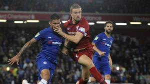 Chelsea's Emerson Palmieri, left, duels for the ball with Liverpool's James Milner.(AP) Chelsea's Emerson Palmieri, left, duels for the ball with Liverpool's James Milner.(AP)