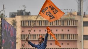 New Delhi, India - Dec. 9, 2018: Supporters of the Vishva Hindu Parishad (VHP) arrive to attend New Delhi, India - Dec. 9, 2018: Supporters of the Vishva Hindu Parishad (VHP) arrive to attend