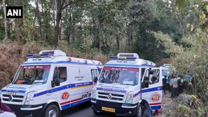 Ambulances at the spot where a bus carrying students for a picnic fell into a gorge near Gujarat’s Surat city, leaving at least five dead (ANI)(ANI/Twitter) Ambulances at the spot where a bus carrying students for a picnic fell into a gorge near Gujarat’s Surat city, leaving at least five dead (ANI)(ANI/Twitter)