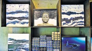 A wall in a cabin at Arvind’s Ahmedabad headquarters is filled with ‘indigo objects’ - jute, canvas, an oil and water work...(Biplov Bhuyan/HT PHOTO) A wall in a cabin at Arvind’s Ahmedabad headquarters is filled with ‘indigo objects’ - jute, canvas, an oil and water work...(Biplov Bhuyan/HT PHOTO)