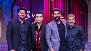 Prabhas, Karan Johar, Rana Daggubati and SS Rajamouli on Koffee With Karan. Prabhas, Karan Johar, Rana Daggubati and SS Rajamouli on Koffee With Karan.