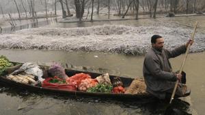 A Kashmiri boatman makes his way through frozen parts in the interiors of Dal Lake.(HT File Photo) A Kashmiri boatman makes his way through frozen parts in the interiors of Dal Lake.(HT File Photo)