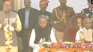 The swearing-in ceremony of 13 cabinet ministers and 10 state ministers of newly-formed Rajasthan government was held at Raj Bhavan, Jaipur on Monday.(ANI/Twitter) The swearing-in ceremony of 13 cabinet ministers and 10 state ministers of newly-formed Rajasthan government was held at Raj Bhavan, Jaipur on Monday.(ANI/Twitter)