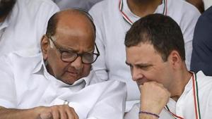 Congress President Rahul Gandhi (R) talks with NCP Chief Sharad Pawar.(HT Photo) Congress President Rahul Gandhi (R) talks with NCP Chief Sharad Pawar.(HT Photo)