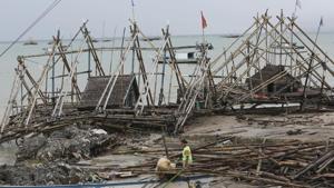 A woman walks amid debris at a tsunami-ravaged village in Sumur, Indonesia.(AP) A woman walks amid debris at a tsunami-ravaged village in Sumur, Indonesia.(AP)