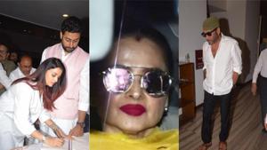 Aishwarya Rai Bachchan, Abhishek Bachchan and Rekha paid their last respects to social activist NanaChudasama.(Viral Bhayani) Aishwarya Rai Bachchan, Abhishek Bachchan and Rekha paid their last respects to social activist NanaChudasama.(Viral Bhayani)