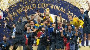 The team of France celebrates with the World Cup trophy after the 2018 FIFA World Cup Final between France and Croatia at Luzhniki Stadium on July 15, 2018.(Getty Images) The team of France celebrates with the World Cup trophy after the 2018 FIFA World Cup Final between France and Croatia at Luzhniki Stadium on July 15, 2018.(Getty Images)