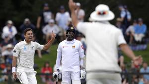 New Zealand's Trent Boult appeals successfully for the wicket of Sri Lanka's Lahiru Kumara during play on day two of the second cricket test between New Zealand and Sri Lanka at Hagley Oval in Christchurch(AP) New Zealand's Trent Boult appeals successfully for the wicket of Sri Lanka's Lahiru Kumara during play on day two of the second cricket test between New Zealand and Sri Lanka at Hagley Oval in Christchurch(AP)