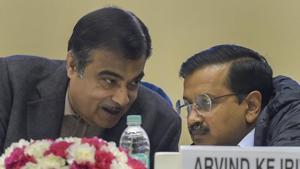 Gadkari and Kejriwal were participating in a high-security function of the central government at Vigyan Bhawan to lay the foundation stone of nine projects for Yamuna Rejuvenation under the Namami Gange Programme.(PTI) Gadkari and Kejriwal were participating in a high-security function of the central government at Vigyan Bhawan to lay the foundation stone of nine projects for Yamuna Rejuvenation under the Namami Gange Programme.(PTI)