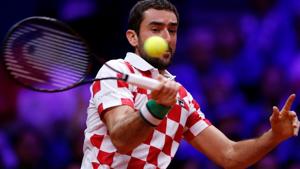 Croatia's Marin Cilic in action during his match against France's Lucas Pouille.(REUTERS)