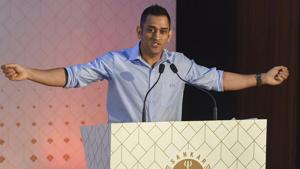 MS Dhoni addresses during the launch of a coffee table book on the journey of India Cements Ltd, in Chennai.(AP) MS Dhoni addresses during the launch of a coffee table book on the journey of India Cements Ltd, in Chennai.(AP)