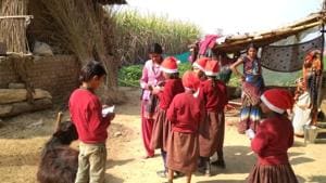 Santa squad motivating parents to send their children to schook in Jaunpur district. Santa squad motivating parents to send their children to schook in Jaunpur district.