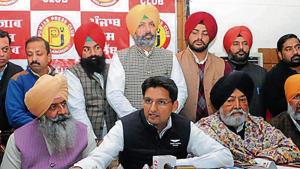 Congress MP Deepender Singh Hooda (centre) addressing the media in Jalandhar on Friday(Pardeep Pandit/HT) Congress MP Deepender Singh Hooda (centre) addressing the media in Jalandhar on Friday(Pardeep Pandit/HT)