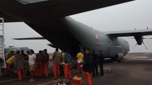 An Odisha team left on Friday morning in a special aircraft of the Indian Air Force with 20 high-power pumps to assist in rescue operation in Meghalaya for 15 miners trapped for past 16 days.(Photo courtesy Fire Department , Odisha) An Odisha team left on Friday morning in a special aircraft of the Indian Air Force with 20 high-power pumps to assist in rescue operation in Meghalaya for 15 miners trapped for past 16 days.(Photo courtesy Fire Department , Odisha)