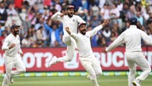 India's captain Virat Kohli, Cheteshwar Pujara and Ajinkya Rahane celebrate after winning the third Test against Australia.(REUTERS) India's captain Virat Kohli, Cheteshwar Pujara and Ajinkya Rahane celebrate after winning the third Test against Australia.(REUTERS)