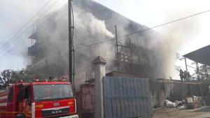 A fire broke out in a cloth dying factory in Saravali village of Kongaon MIDC of Bhiwandi town located 36 kilometers away from Mumbai on Monday morning. (Hindustan Times/Photos By Praful Gangurde)(HT Photo) A fire broke out in a cloth dying factory in Saravali village of Kongaon MIDC of Bhiwandi town located 36 kilometers away from Mumbai on Monday morning. (Hindustan Times/Photos By Praful Gangurde)(HT Photo)