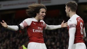 Arsenal's Aaron Ramsey ( right) celebrates with Matteo Guendouzi after scoring his side's third goal.(AP) Arsenal's Aaron Ramsey ( right) celebrates with Matteo Guendouzi after scoring his side's third goal.(AP)