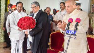 In Hyderabad, justice Thottathil Bhaskaran Nair Radhakrishnan (pictured) was sworn in as Telangana high court’s first chief justice to mark the bifurcation. Justice C Praveen Kumar took oath as Andhra Pradesh’s acting chief justice in Vijayawada.(PTI) In Hyderabad, justice Thottathil Bhaskaran Nair Radhakrishnan (pictured) was sworn in as Telangana high court’s first chief justice to mark the bifurcation. Justice C Praveen Kumar took oath as Andhra Pradesh’s acting chief justice in Vijayawada.(PTI)