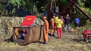 Odisha Fire and Disaster team pumping the water from nearby old shaft located 500 meters from the main site of a coal mine that collapsed in Ksan, in Meghalaya.(PTI file photo)