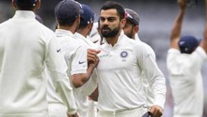 India vs Australia 4th Test : Captain Virat Kohli, center, congratulates his teammates.(AP) India vs Australia 4th Test : Captain Virat Kohli, center, congratulates his teammates.(AP)