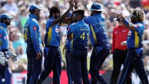 Sri Lanka players celebrate the wicket of Kane Williamson during the first one-day international cricket match against New Zealand.(AFP) Sri Lanka players celebrate the wicket of Kane Williamson during the first one-day international cricket match against New Zealand.(AFP)