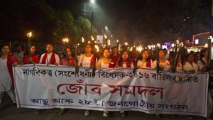 Activists of All Assam Students Union and various ethnic groups participate in a torch light procession to protest against Citizenship (Amendment) Bill 2016 in Gauhati on November 16.(AP File photo) Activists of All Assam Students Union and various ethnic groups participate in a torch light procession to protest against Citizenship (Amendment) Bill 2016 in Gauhati on November 16.(AP File photo)