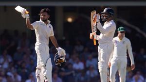 India's Rishabh Pant (L) celebrates scoring his 150 runs with his teammate Ravindra Jadeja on day two of the fourth test match between Australia and India at the SCG in Sydney, Australia, January 4, 2019(REUTERS) India's Rishabh Pant (L) celebrates scoring his 150 runs with his teammate Ravindra Jadeja on day two of the fourth test match between Australia and India at the SCG in Sydney, Australia, January 4, 2019(REUTERS)