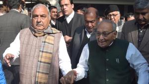 Former Haryana chief minister Bhupinder Singh Hooda along with senior Congress leader Motilal Vora at CBI court, in Panchkula, January 3, 2019.(Sant Arora / HT Photo) Former Haryana chief minister Bhupinder Singh Hooda along with senior Congress leader Motilal Vora at CBI court, in Panchkula, January 3, 2019.(Sant Arora / HT Photo)