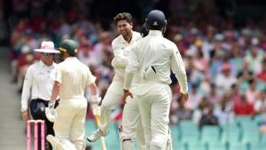 India vs Australia: Kuldeep Yadav (C) celebrates the wicket of Australia's batsman Usman Khawaja on the third day of the fourth and final cricket Test against at the Sydney Cricket Ground in Sydney January 5, 2019(AFP) India vs Australia: Kuldeep Yadav (C) celebrates the wicket of Australia's batsman Usman Khawaja on the third day of the fourth and final cricket Test against at the Sydney Cricket Ground in Sydney January 5, 2019(AFP)