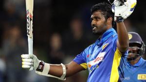 Sri Lanka's Thisara Perera celebrates scoring a century (100 runs) during the second one-day international cricket match between New Zealand and Sri Lanka at Bay Oval.(AFP) Sri Lanka's Thisara Perera celebrates scoring a century (100 runs) during the second one-day international cricket match between New Zealand and Sri Lanka at Bay Oval.(AFP)