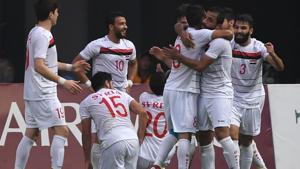 (FILES) In this file photo taken on August 23, 2018 shows Syria players celebrating after scoring a goal during the men's football round of 16 match between Palestine and Syria at the 2018 Asian Games in Bekasi(AFP) (FILES) In this file photo taken on August 23, 2018 shows Syria players celebrating after scoring a goal during the men's football round of 16 match between Palestine and Syria at the 2018 Asian Games in Bekasi(AFP)