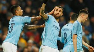 Manchester City's Nicolas Otamendi celebrates scoring their sixth goal with Gabriel Jesus.(Reuters) Manchester City's Nicolas Otamendi celebrates scoring their sixth goal with Gabriel Jesus.(Reuters)
