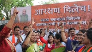 File photo of celebrations after the Maharashtra Assembly unanimously passed a bill proposing 16 per cent reservation for Maratha community.(HT Photo) File photo of celebrations after the Maharashtra Assembly unanimously passed a bill proposing 16 per cent reservation for Maratha community.(HT Photo)